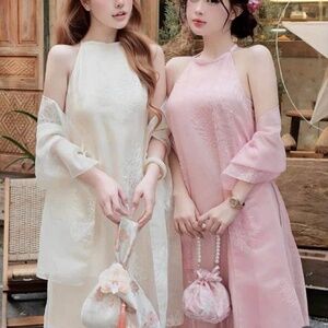 New Vietnamese Women Traditional Modern Dress Ao Dai S White 3pcs Set